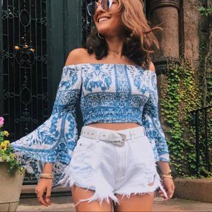 LF Three Days Blue&White Smocked Off Shoulder Top